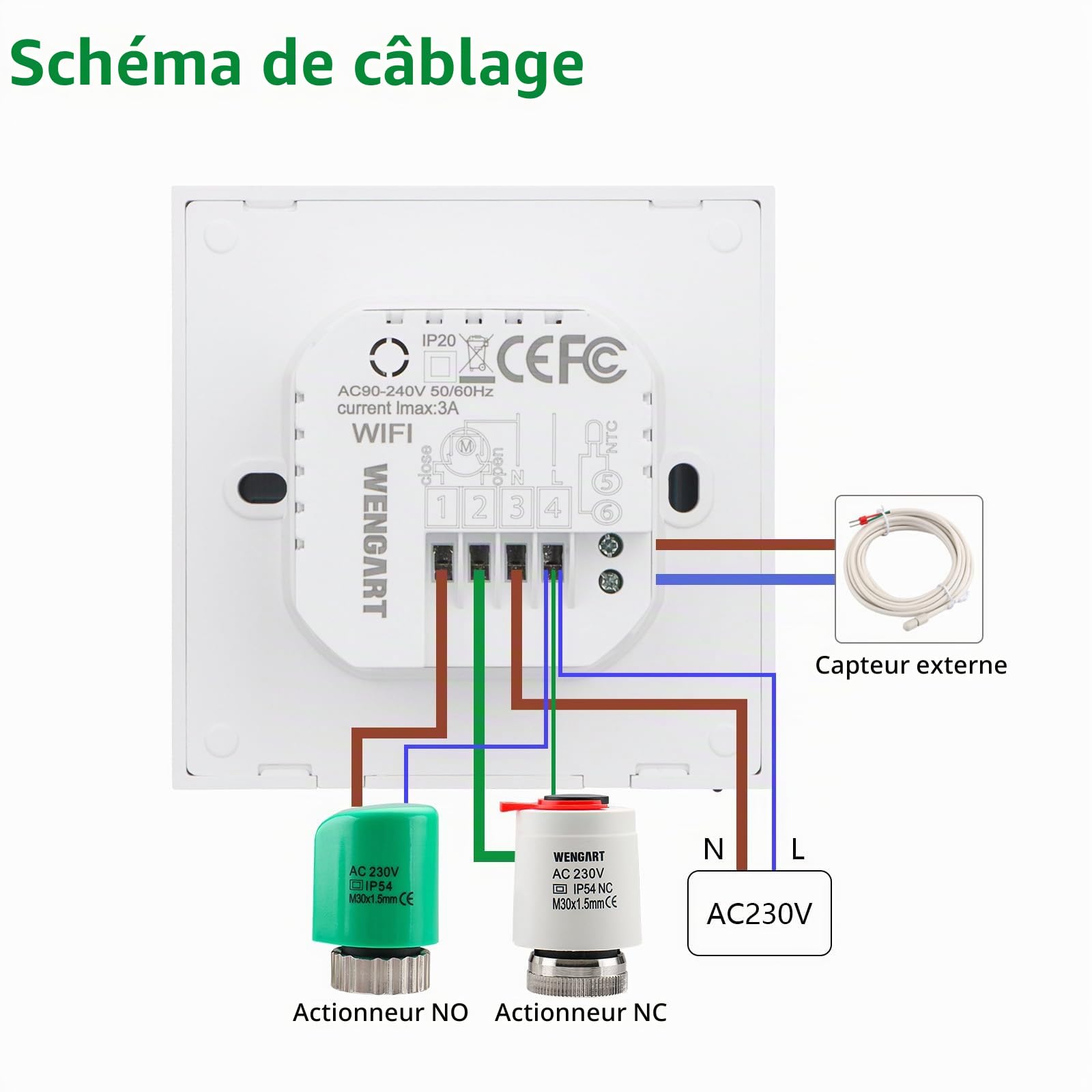 Wengart Thermostat d'ambiance Intelligent WG12,AC230V 3A 2.4GHz,Compatible avec Le Chauffage par Le Sol, Compatible Alexa et Google Home Modes Chaud et Froid réglables