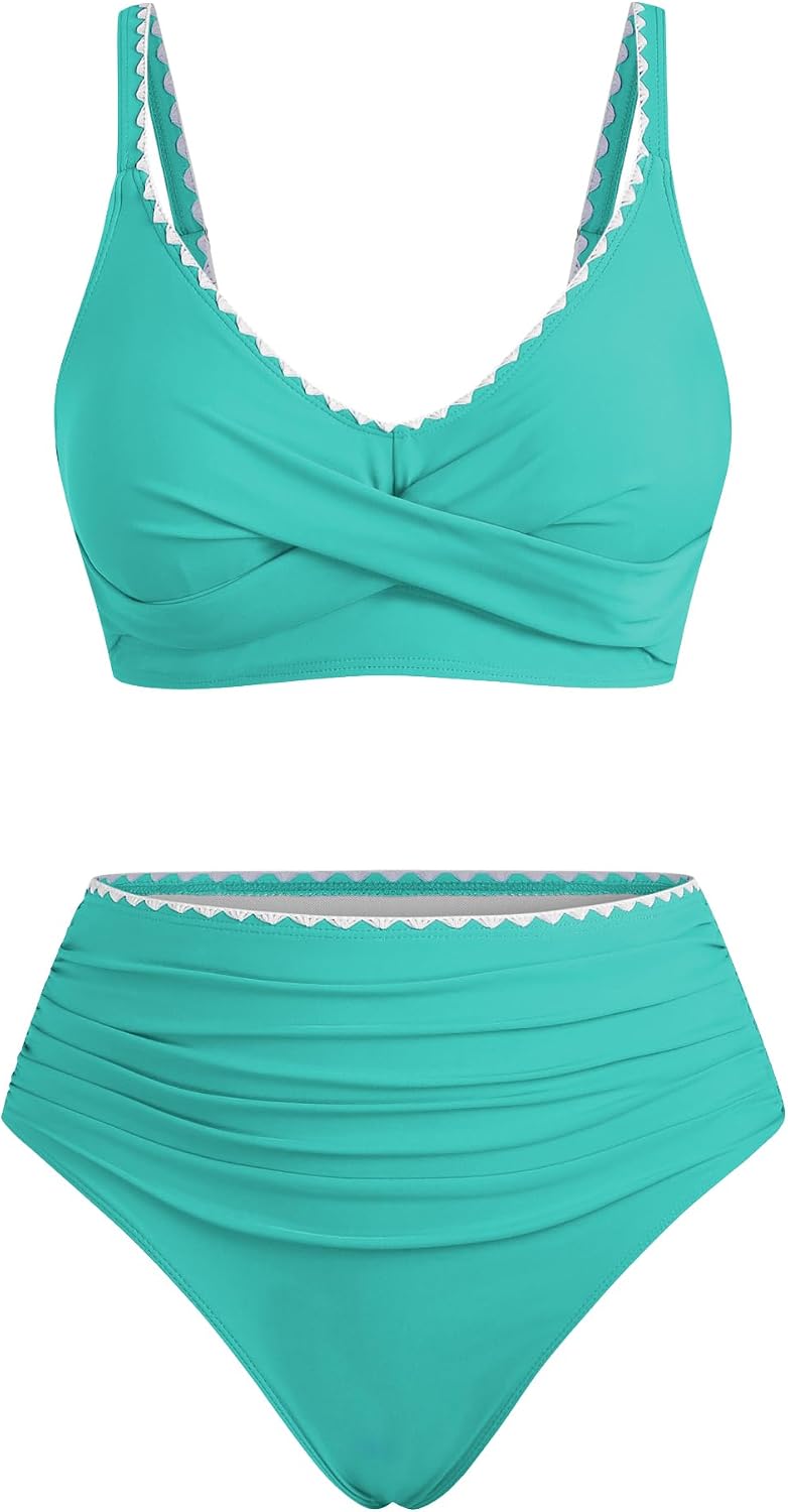 ZAFUL High Waisted Bikini Sets for Women Twist Front Ruched Color Block Two Piece Swimsuits Tummy Control Bathing Suit