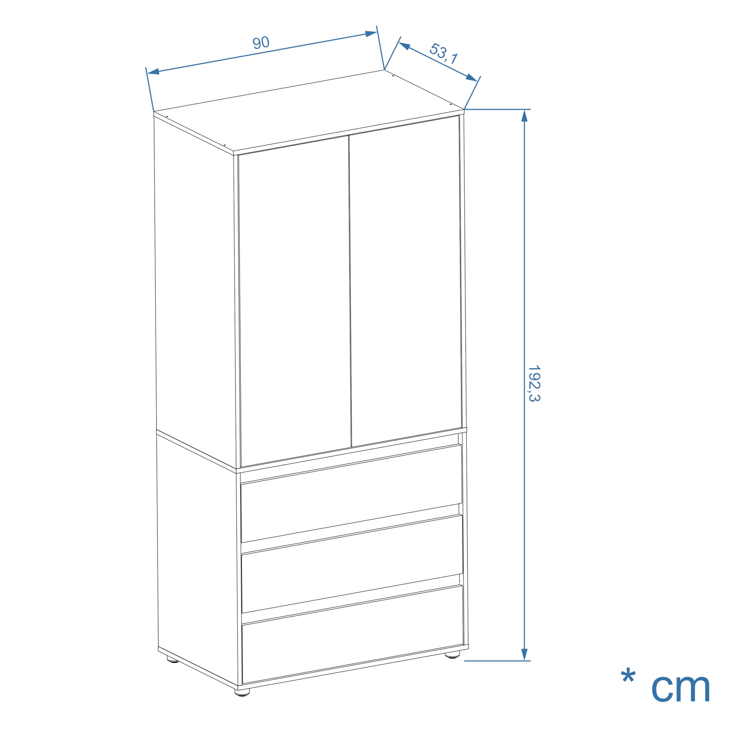 KOMTO Kleiderschrank Klein in Weiß - Schrank Schlafzimmer Kinderzimmer Mehrzweckschrank mit 2-türig & 3 Schubladen Garderobenschrank Flur | Drehtürenschrank Cube 90 x 192 x 53 cm