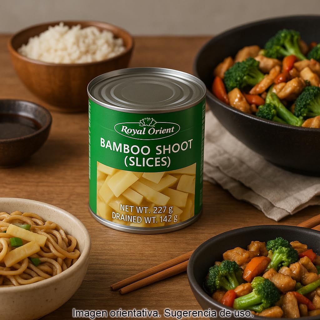 Tallos de bambú en lonchas 227 g (142 g escurrido) en lata, brotes de bambú cocidos para wok, ramen, curry y salteados, textura crujiente y sabor suave