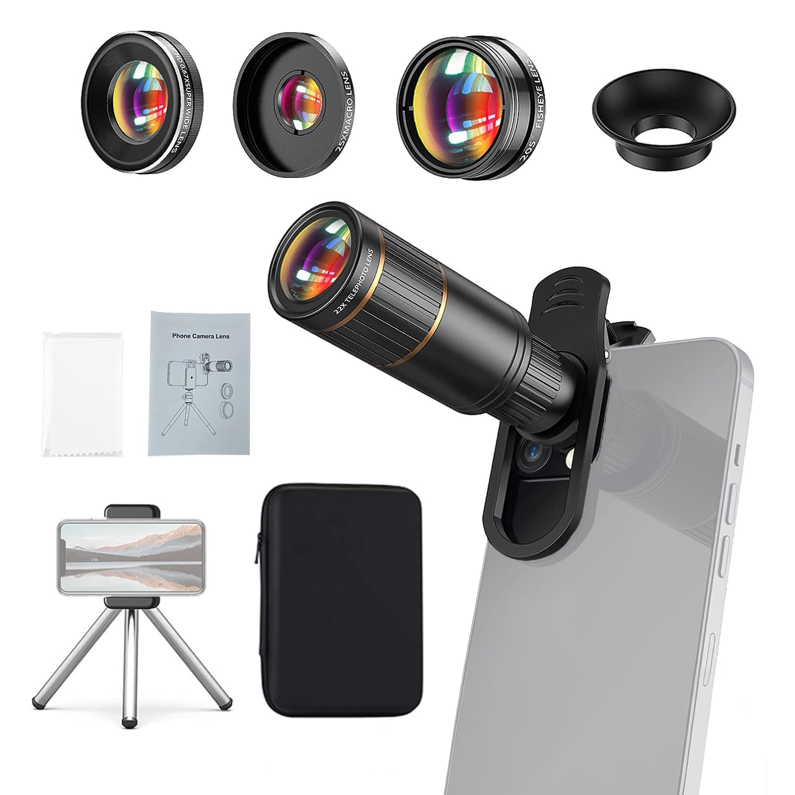 TERRIFI4-in-1 Phone Lens Kit, 22X Telephoto, 205° Fisheye, 0.67X Wide Angle, 25X Macro for iPhone 15/14/13/12