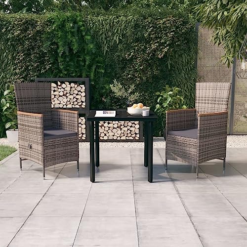 LoogCape Juego de comedor de jardín con cojines de 3 piezas, sillas ajustables de ratán sintético de polietileno y acero recubierto de polvo para terraza, balcón, jardín, incluye mesa de cristal