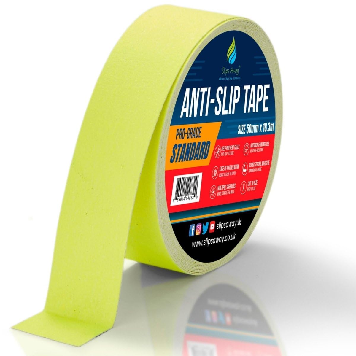 SlipsAway Anti-Slip Tape Roll - Strong Adhesive Grip Tape for Stairs Tread, Ramp & Deck - 50mm x 18.3m Waterproof Non-Skid Tape for Indoor/Outdoor Use - Made in the UK - Fluorescent Yellow