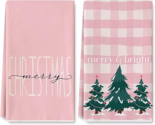AnyDesign - Toalla de cocina de Navidad rosa a cuadros, 18 x 28 pulgadas, toalla de té de secado a mano feliz y brillante para limpiar la cocina, 2