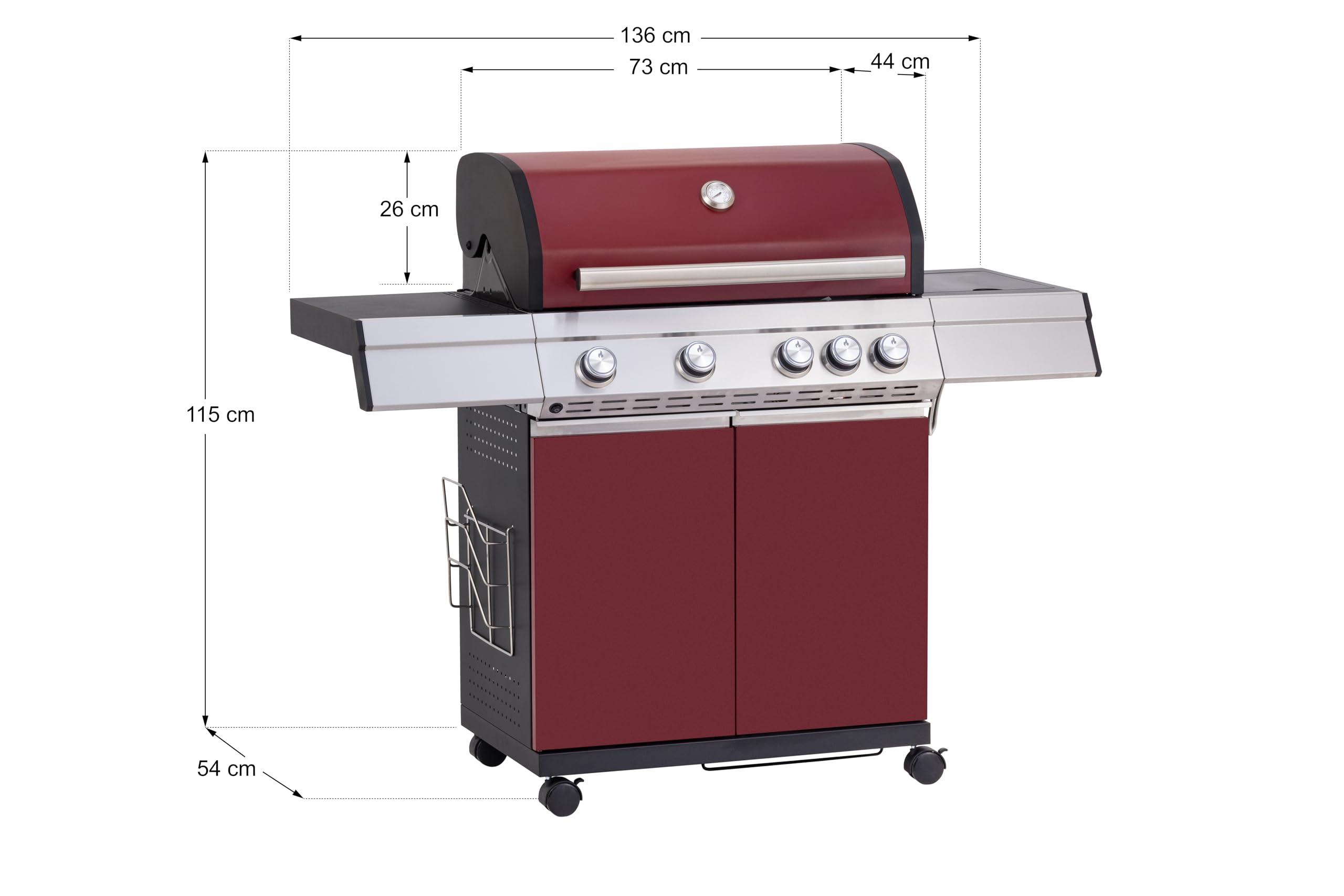 Tarrington House Gasgrill 4-Hauptbrenner und Seitenbrenner Gasgrill Paxton, Grillfläche 41 x 71 cm, Ablagetisch, fahrbar, Stahl, rot