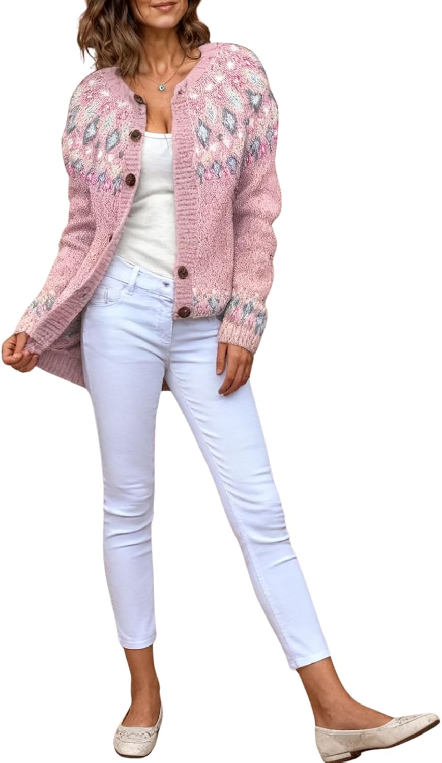 LIZALIG Cardigan for Women Fair Isle Sweater Chunky Cardigan Plus Size Cute Outfits Knit, Vintage Style for Fall Winter