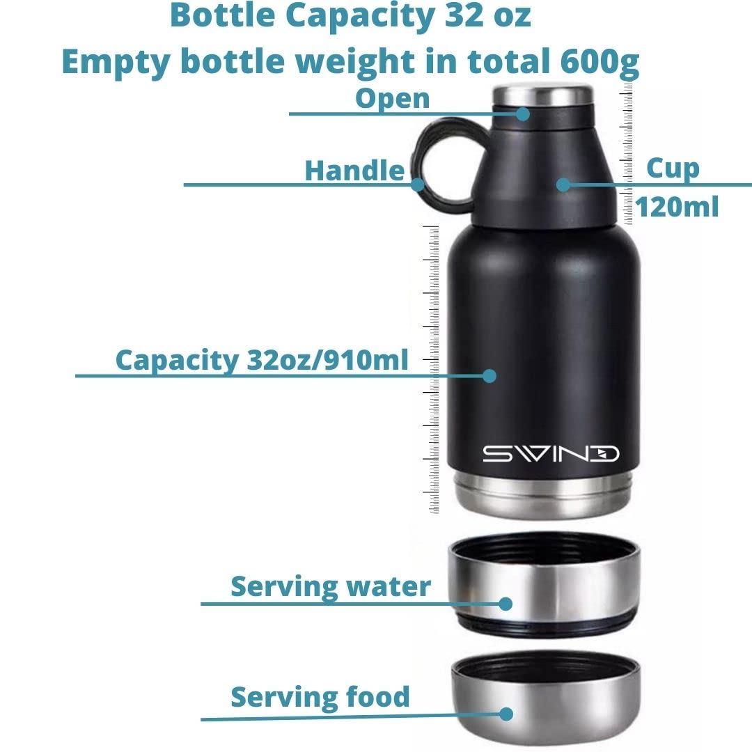 Bottiglia d'acqua 3 in 1 con 2 ciotole staccabili per cani, isolate sottovuoto portatili, viaggi, campeggio