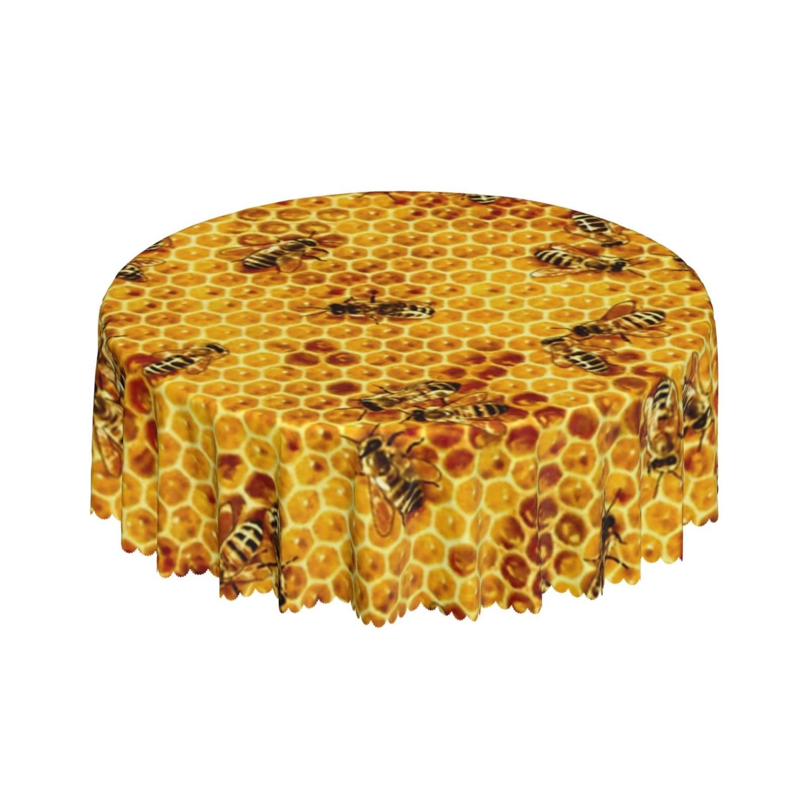 Lsjuee Bee Hive Yellow Round Tablecloth 60 Inch Printed Washable Tablecloth for Dining Party Holiday Fall Home Decorative