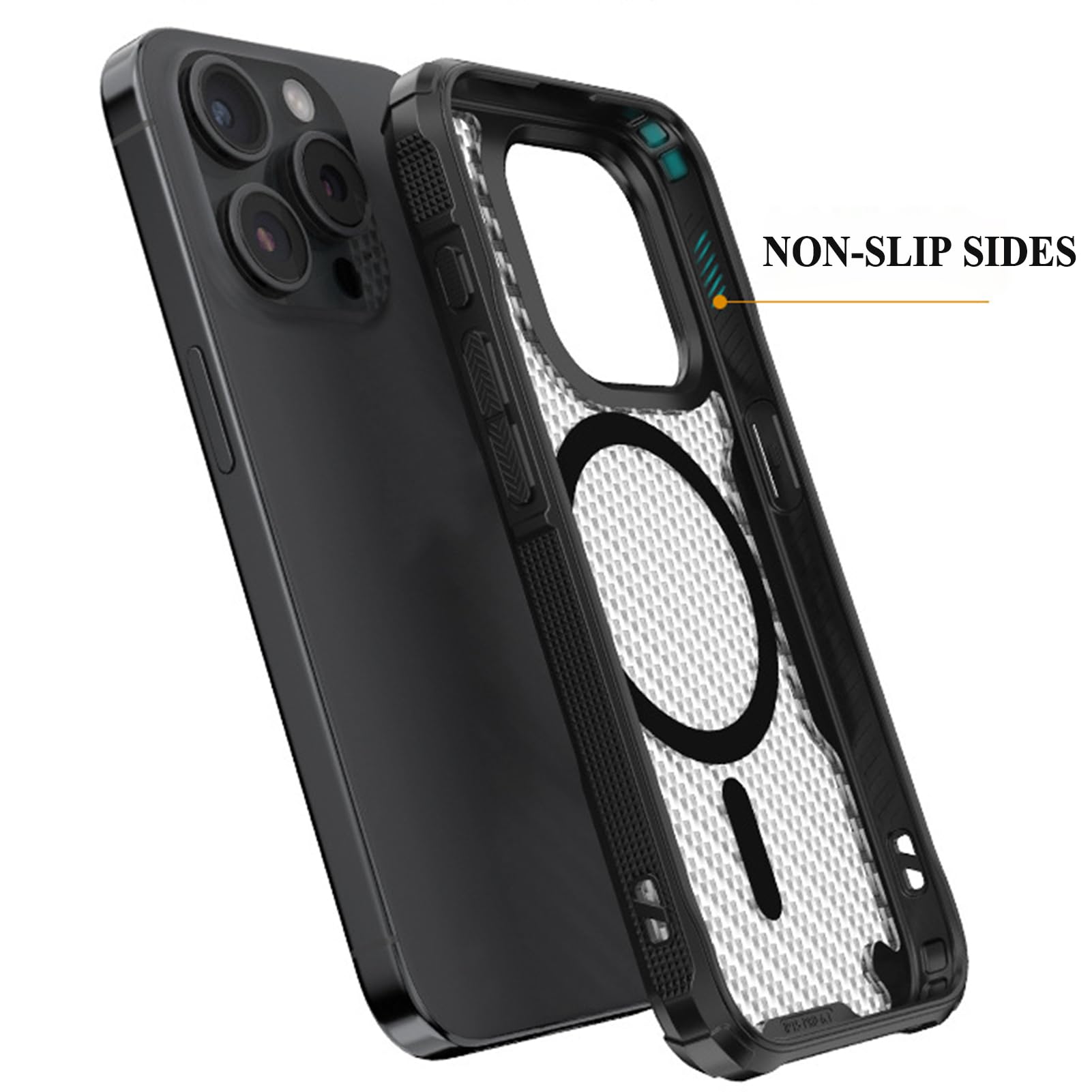 HAZARA Etui na iPhone 15 Pro Max/15 Plus/15 Pro/15, wojskowy pokrowiec ochronny z włókna węglowego tekstura półprzezroczyste tylne logo widoczne etui, 15ProMax