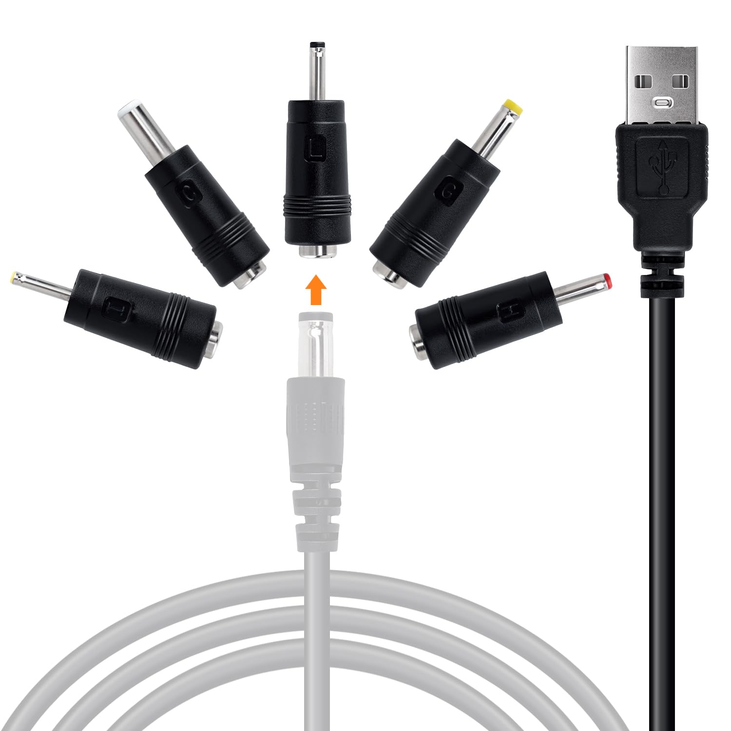 Cavo di Alimentazione da USB a DC 5V,Cavo di Ricarica USB con 5 connettori DC, Ingresso a Uscita DC 5,5 x 2,5 mm, per router, CCTV