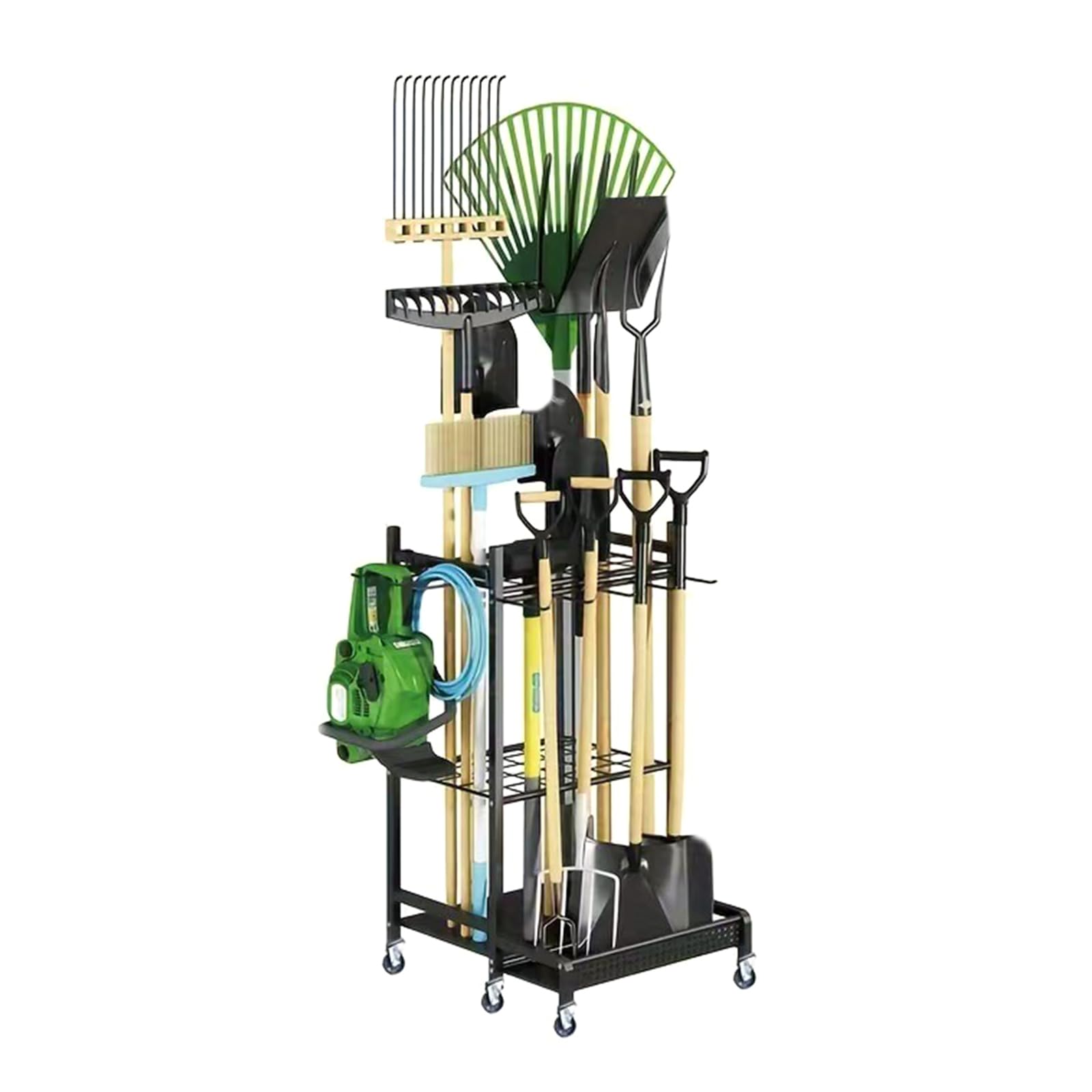 Support mural pour outils de jardinage avec plusieurs sections et rouleaux, parfait pour l'arrangement d'atelier, en acier, compact avec séparateurs et roulettes, idéal pour ranger du
