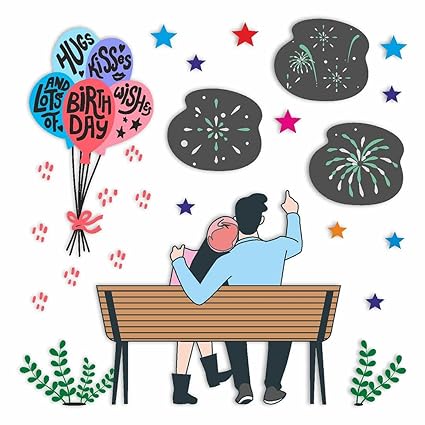 KREEPO Cute Couple Sit on The Banch Beautiful and Colorful Wall Sticker Decal for Bedroom Decoration Sticker Waterproof PVC Vinly (90X90) cm