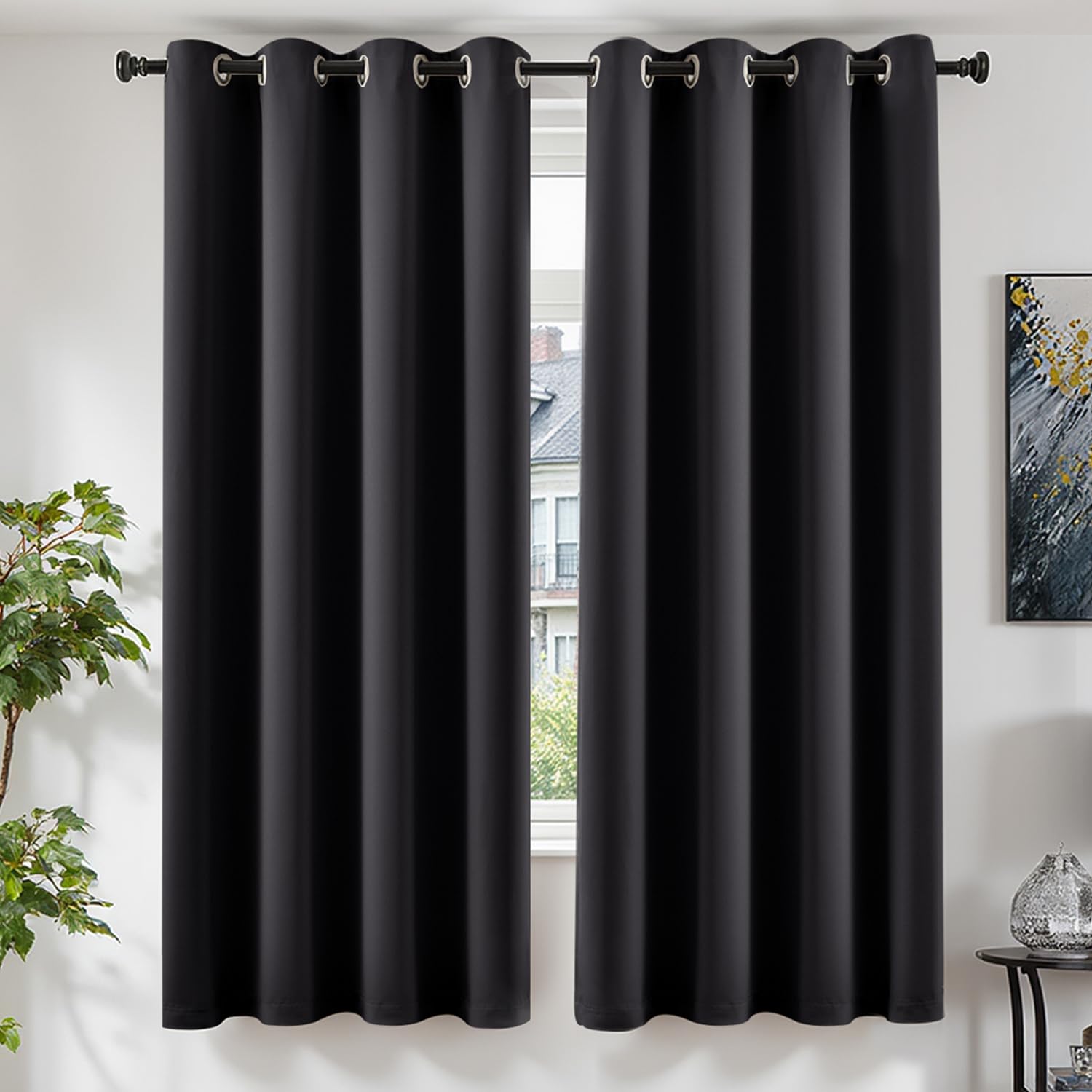 TOPICK Blackout Curtains 72 Drop Inch 2 Panels for Bedroom, Thermal Insulated Eyelet Curtains for Living Room, Black out Window Treatment for Kids Room, W46 x L72 Inch, Black — image 1