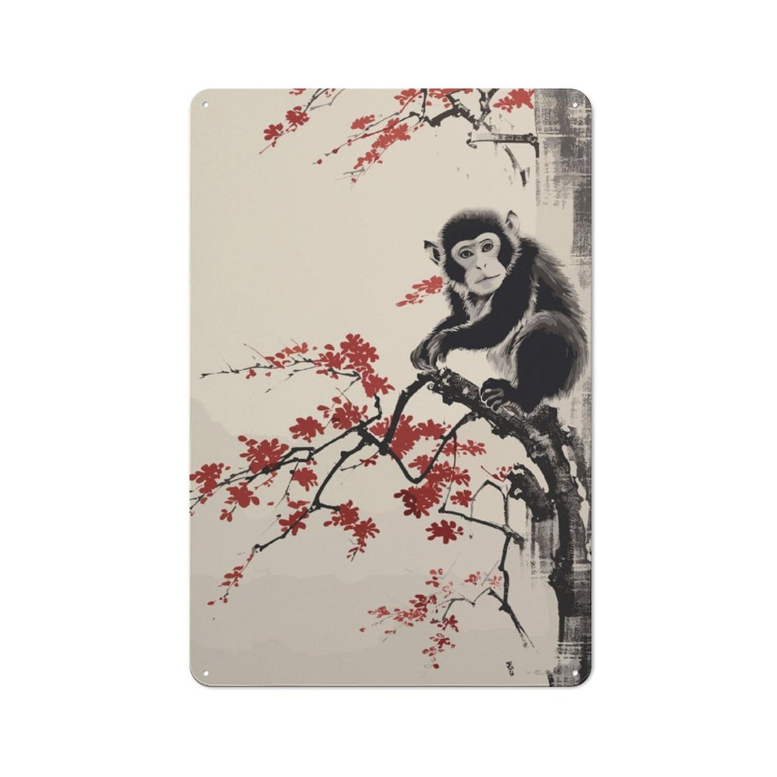 Junmoney Monkey Japanese Painting Simple Retro Tin Sign 30X20cm, Office Wall Decor For Hobby Room, Office, Lounge Or Living Room