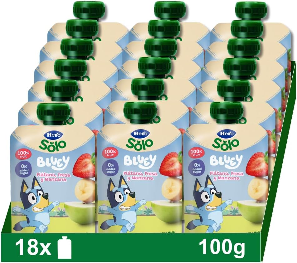 Hero Solo, Bolsitas con Plátano, Fresa y Manzana, Para Bebés a Partir de los 6 Meses - Pack de 18 x 100 g, El embalaje puede variar