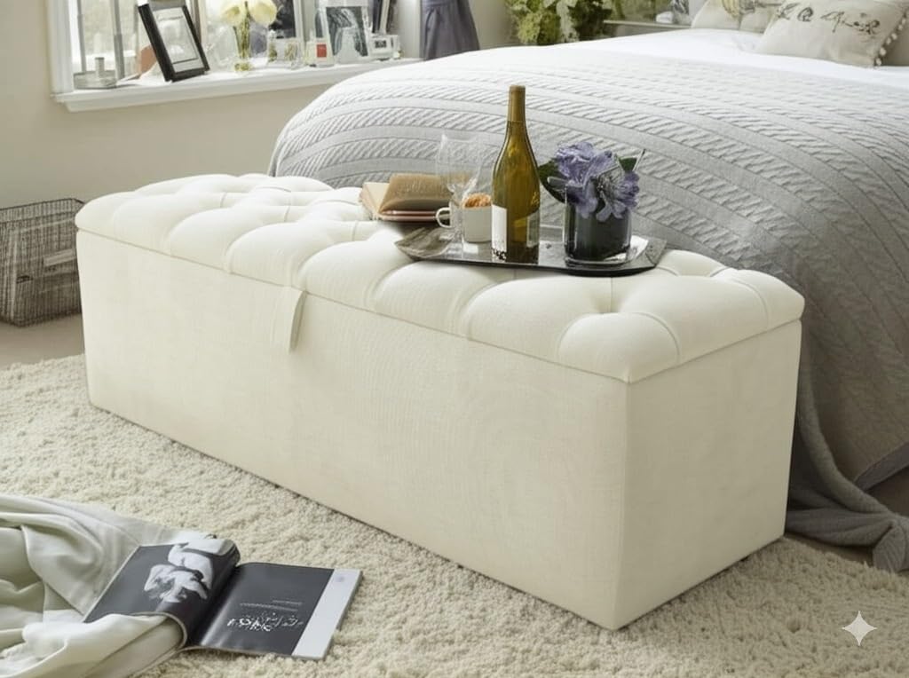 mm08enn Ottoman Storage Blanket Box in Soft Plush Fabric, Multiple Sizes 3ft, 4ft, 4ft6, 5ft and 6ft (Cream, 4ft6)