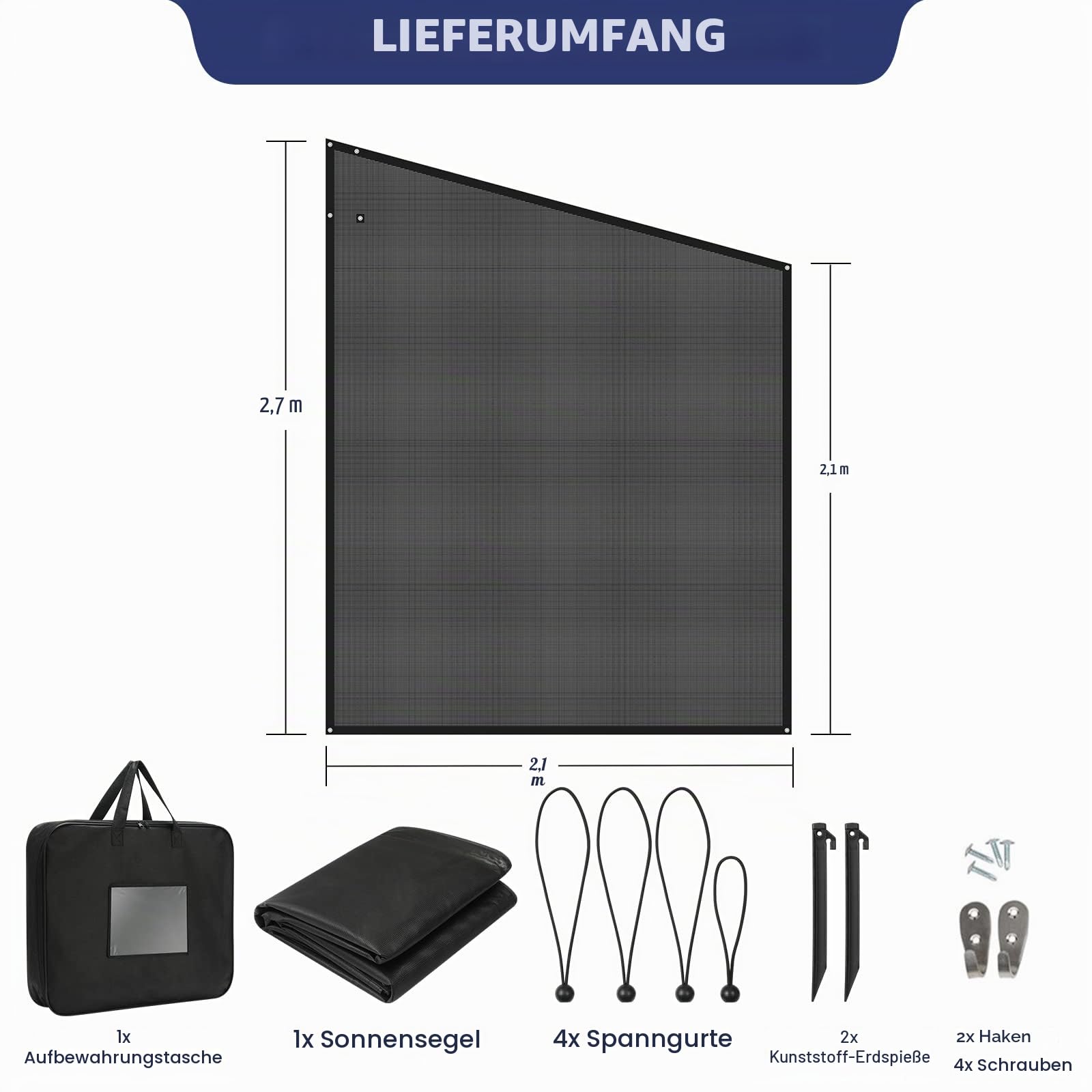 NAIMORUI Wohnmobil-Markisen-Seitenschatten, 2,9 x 2,1 m, Seitenschatten, Wohnmobil-Sonnenschutz, Schwarz