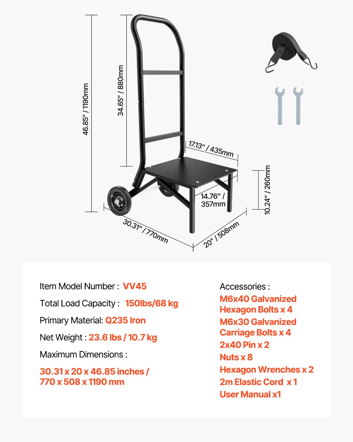 VEVOR Porta Sedie Pieghevole, Capacità di Carico 68 kg Carrello per Sedie Resistente per Impilare 10 Sedie, Carrello Porta Sedie in Metallo Multifunzione, Ruote in Gomma, Supporto per Sedia a Spinta