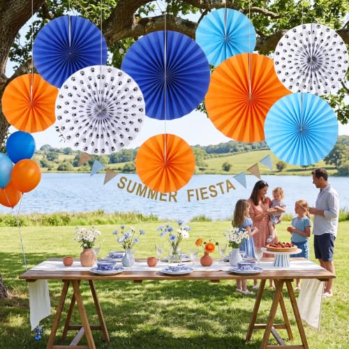 Image of Outus 9 Pcs Western Party Hanging Paper Fans Birthday,Blue Orange