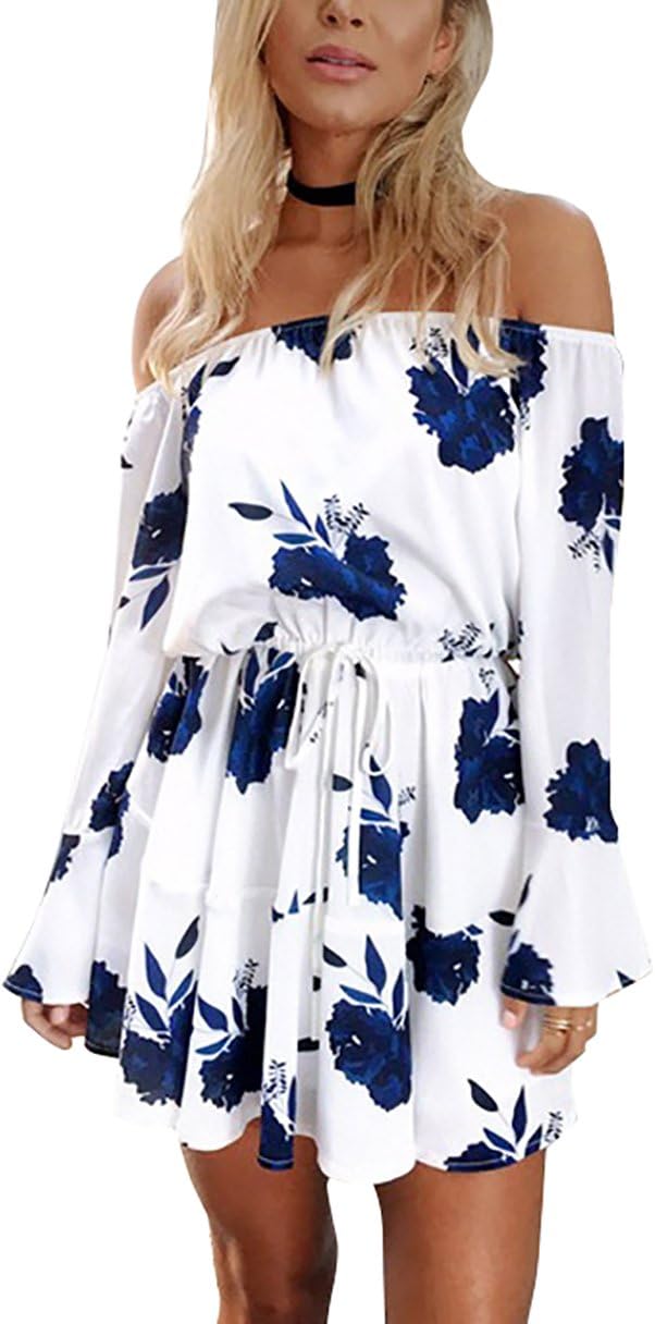 Yieune Summer Dress Off Shoulder Beach Dress Long Sleeve Floral Mini Dress (White-Blue S)