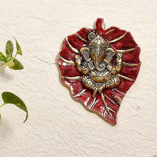 Image of ascension Ganpati Metal Green Lord Leaf Ganesh Idol Patta Statue Decorative Wall Hanging Showpiece Figurine Leaf Ganpati Staute Decorative Showpiece