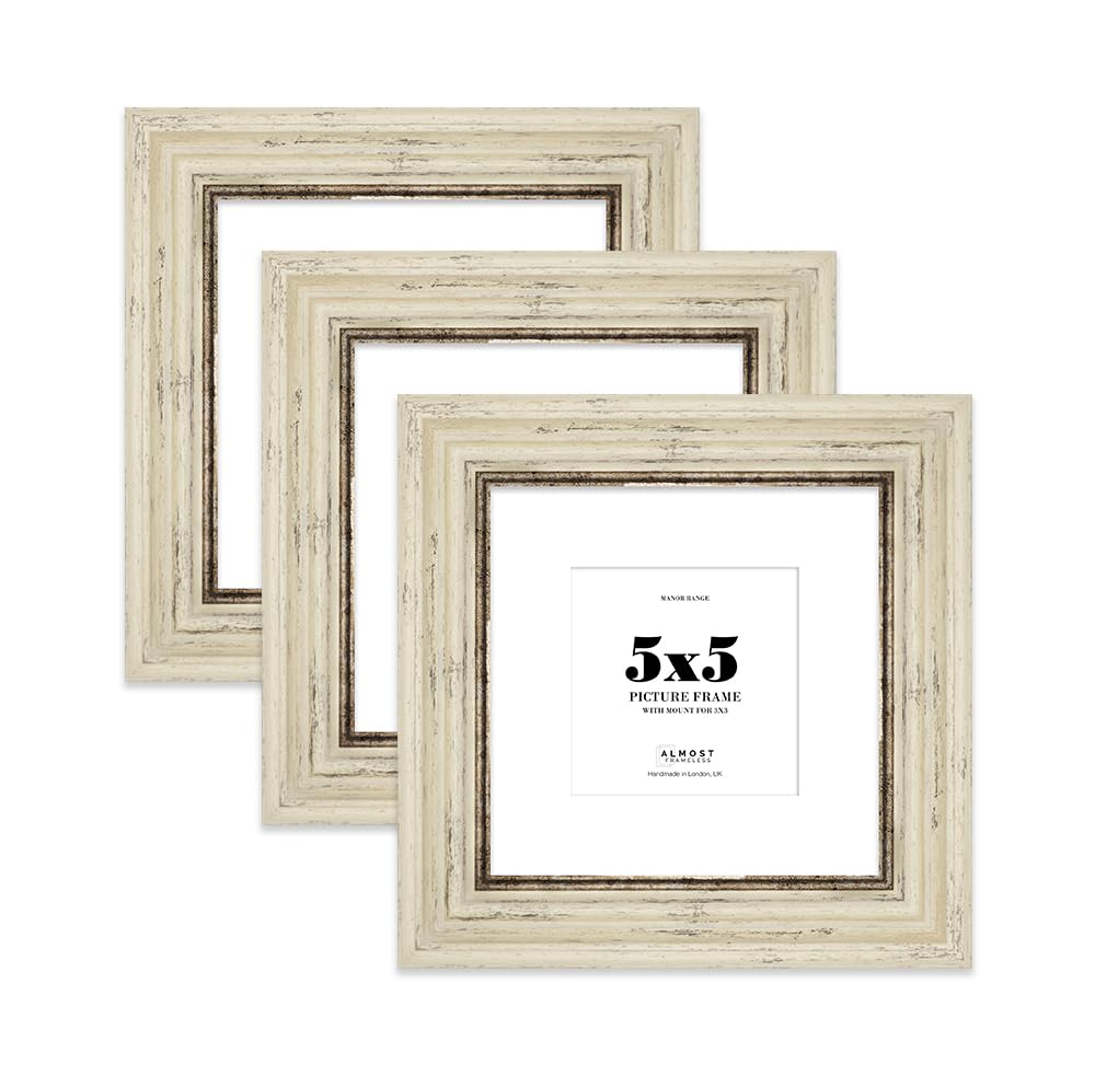 5x5" Distressed Cream Picture Frame - 5x5" Square Frame with 3x3" Mount for 5x5"/3x3" Pictures Art Deco Style Frame for Home Décor, 3 Pack — image 1