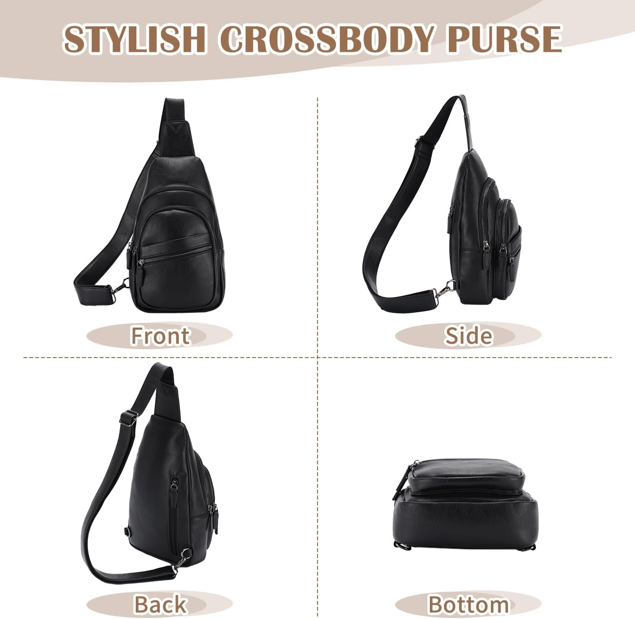 RAVUO Sling Bag, PU Leather Crossbody Backpack for Women Men Casual Hiking Daypack Multipurpose Chest Bag for Work College Black - Image 6