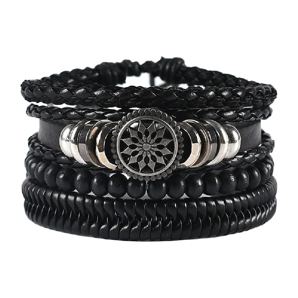 Men's Oxidised Silver Wheel Leather Black Beads Bracelet-image-14