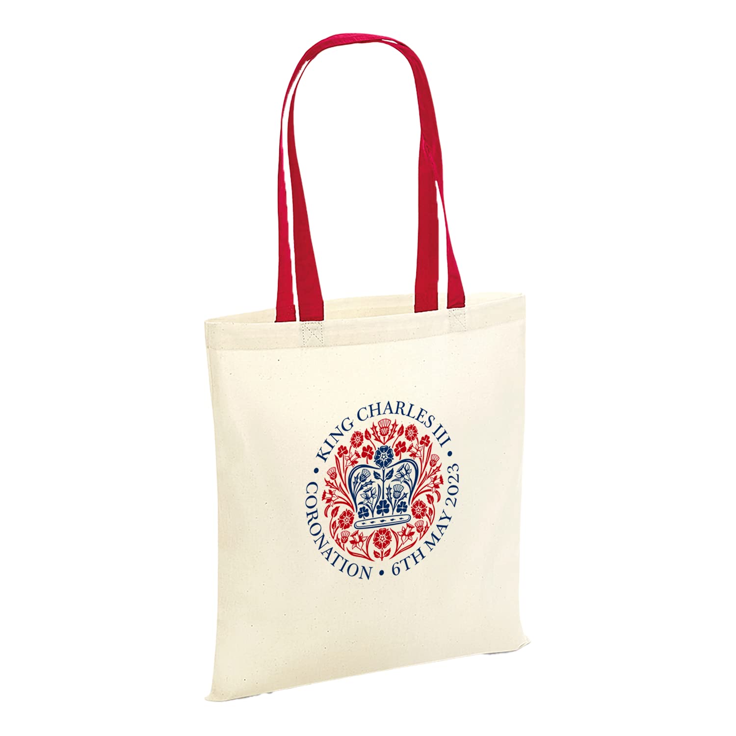 SmartyPants King Charles III Tote Bag - Royal Coronation of His Majesty The King Crown Monarch Ceremony Celebration Memorabilia Carrier Cotton Shopper OFFICIAL (Red Handle)