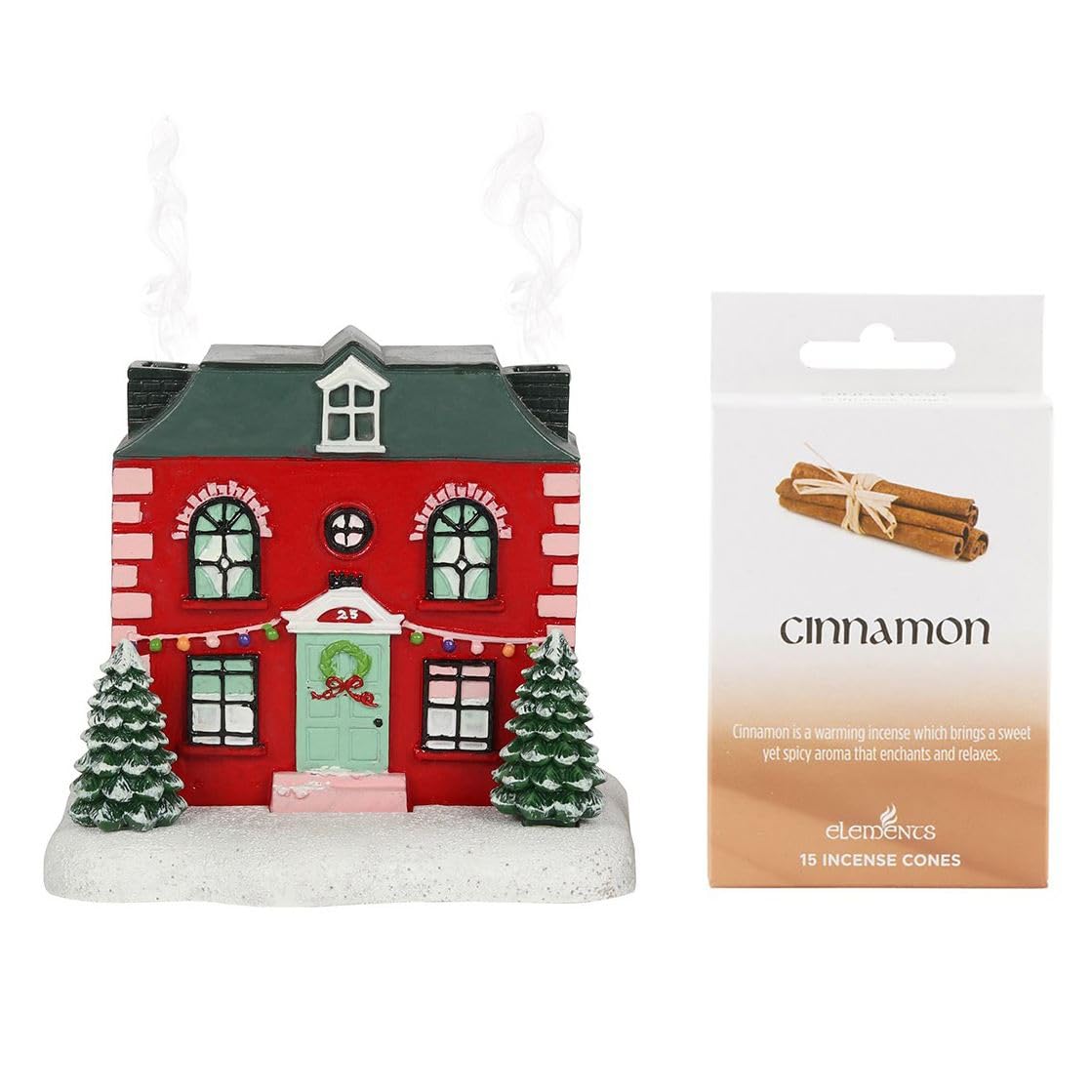 Red Christmas House Incense Burner with 15 Cinnamon Cones | Festive Home Fragrance & Smoke Effect Chimneys | Decorative Resin Christmas Ornament