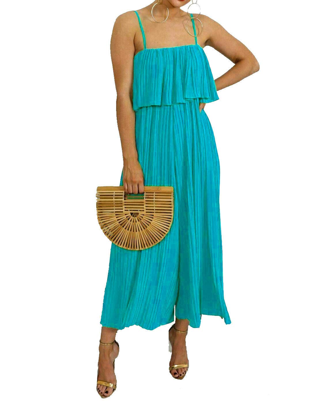 FAIRY TRENDZ LTD Womens Plain Crinkle Pleated Playsuit Dress Ladies Printed Frill Strappy Chiffon Jumpsuit (Turquoise UK 20)