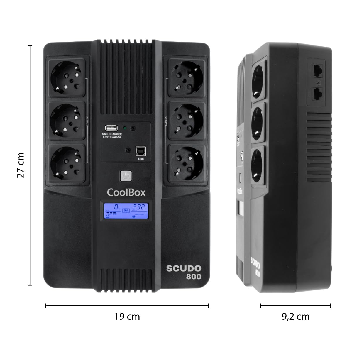 CoolBox SCUDO3 SAI 800VA Sistema de Alimentación Ininterrumpida UPS 800A/480W con Pantalla LCD, 8 Minutos de Autonomía, 6 Tomas Schuko 1 Puerto USB, 2 Puertos RJ-45 (In & out), Software de Control