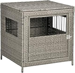 PawHut Wicker Dog Cage, Dog Crate with Lockable Door and Soft Washable Cushion for Small Sized Dogs, 62 x 59 x 66 cm, Grey
