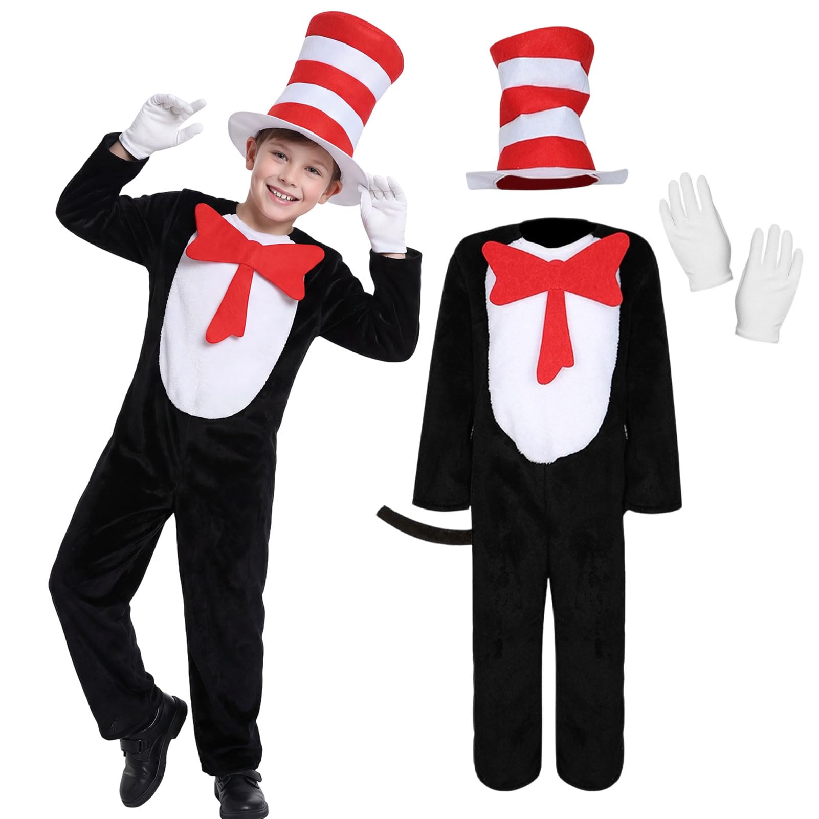 Crittygo Cat in the Hat Costume, World Book Day Cat Costume with Jumpsuit Hat Gloves, Book Character Outfit Dress Up for World Book Day