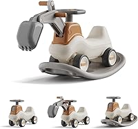 UNICOO 4-in-1 Excavator Rocker Ride-On Toy: Balance Bike, Toddler Rocking Chair, Movable Arm for 18M-5Y (Gray/White)