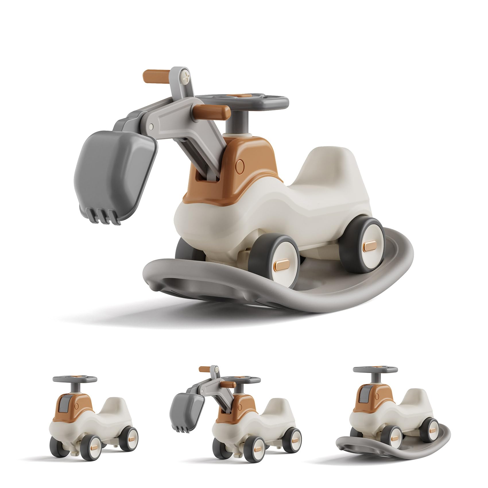 4-in-1 Excavator Rocker n Ride, Ride-On Baby Balance Bike with Detachable Balance Board, Toddler Rocking Chair, Movable Arm, Ride On Toys for Toddlers 3-5, Indoor Outdoor (Gray & White)