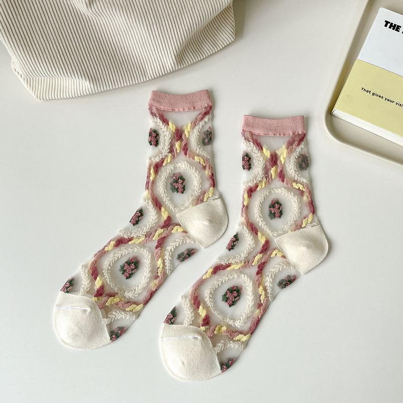 Image of 7 Pairs Women Floral Sheer Sock Elastic See Through Socks Summer Thin Mesh Lace Jacquard Socks Cottagecore Accessories