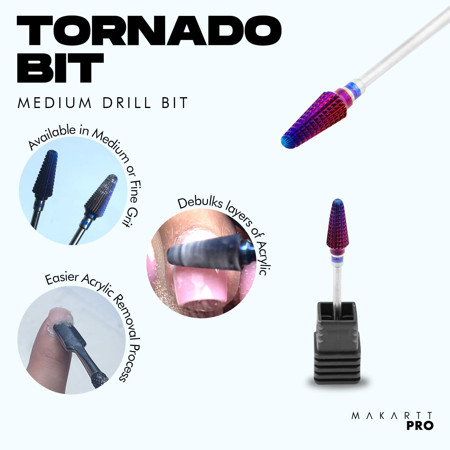 MakarttPro Professionelle E-File Nagelbohrer Wolframkarbid Diamant Prep 5-in-1 Bits für professionelle Nageltechniker (Tornado-Bohrer, grob)