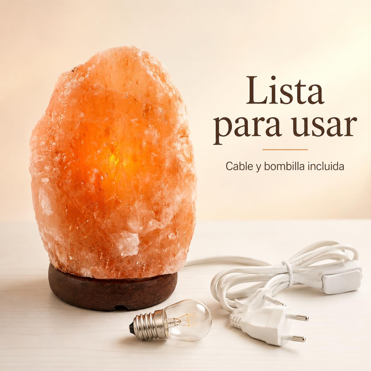 Etrexonline Lámpara de Sal del Himalaya con Base de Madera 100% Natural Hecha a Mano Cable y Bombilla Incluida (1,5-2kg)