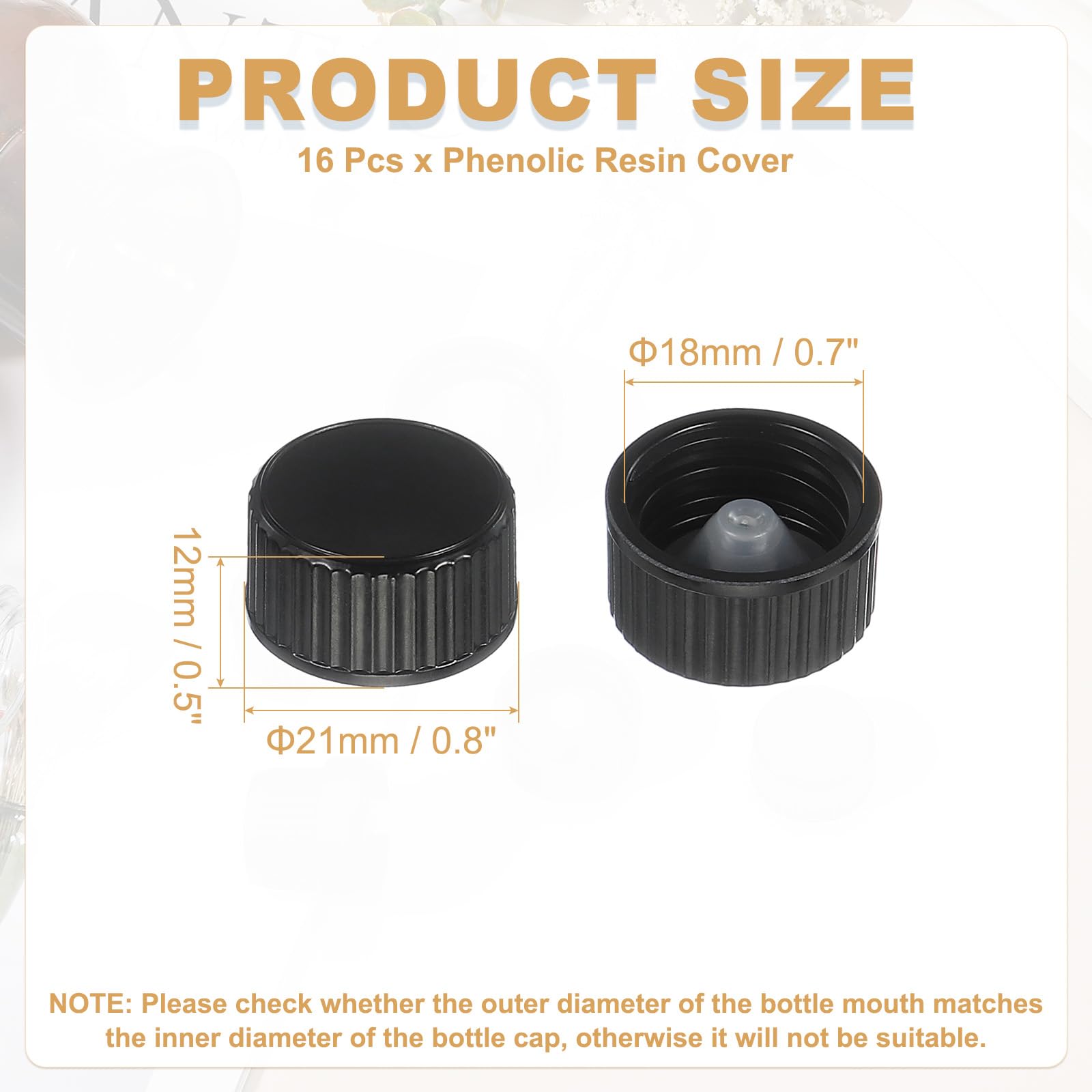uxcell 16 Pcs Phenolic Resin Cover, 20mm Poly Seal Screw Caps Plastic Replacement Bottle Caps Thread Plastic Lids for Chemicals Food Cosmetics Bottles, Black