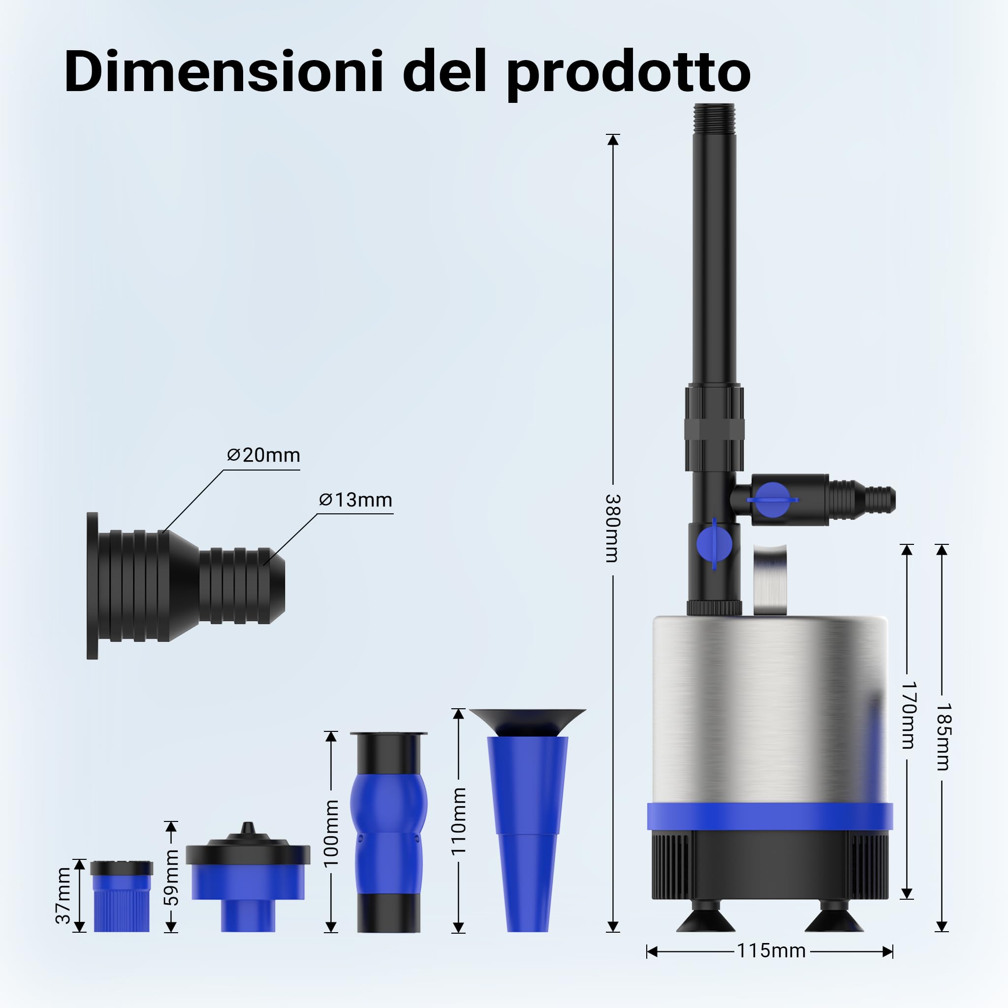 Wiltec Pompa per fontane in acciaio inox da 50 Watt 1.750 l/h Con 3 accessori per giochi d'acqua