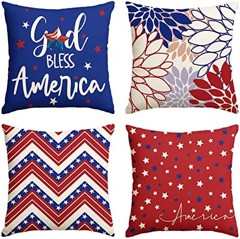 4th Of July Pillow Covers Set Of 4 - 16x16 Inch American Flag Patriotic Decor, USA Stars & Stripes