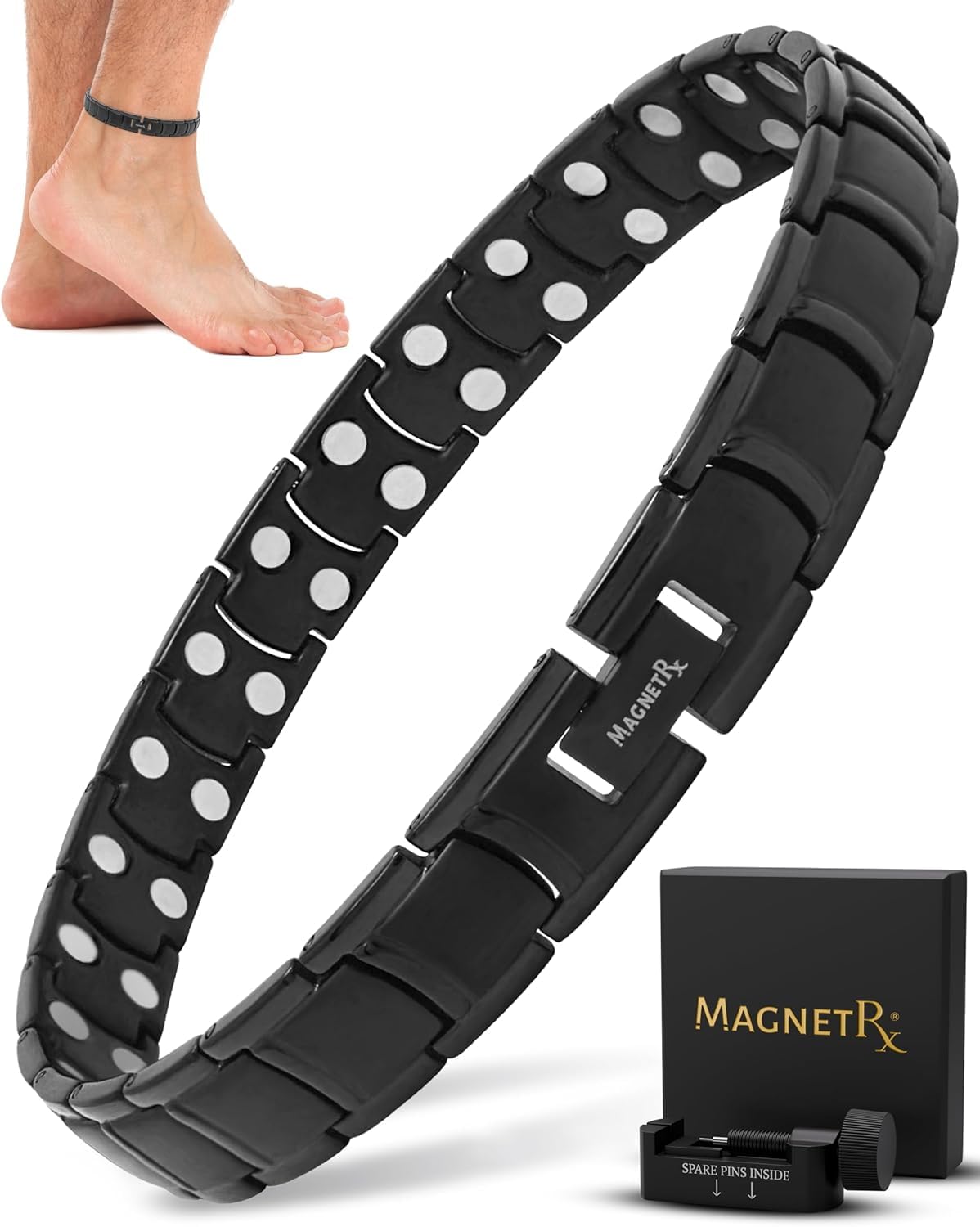 MagnetRX® Cavigliera Magnetica Terapeutica ad Alta Potenza in Titanio per Uomo – Regolabile con 50 Magneti Terapeutici (Nero)