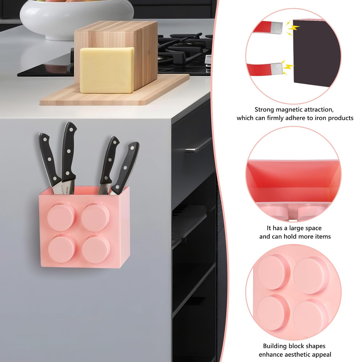 Magnetic Basket Organizer for Fridge - Lego-Style ABS Plastic Storage Box,No Drill Design for Kitchen Counter, Microwave & Whiteboard, Holds Up to 3.5 lbs(Pink)