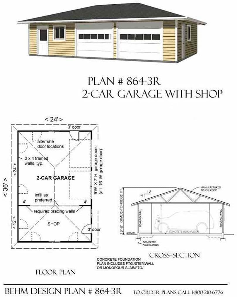 Garage Plans: Hipped Roof Two Car Garage With Shop - Plan 864-3R