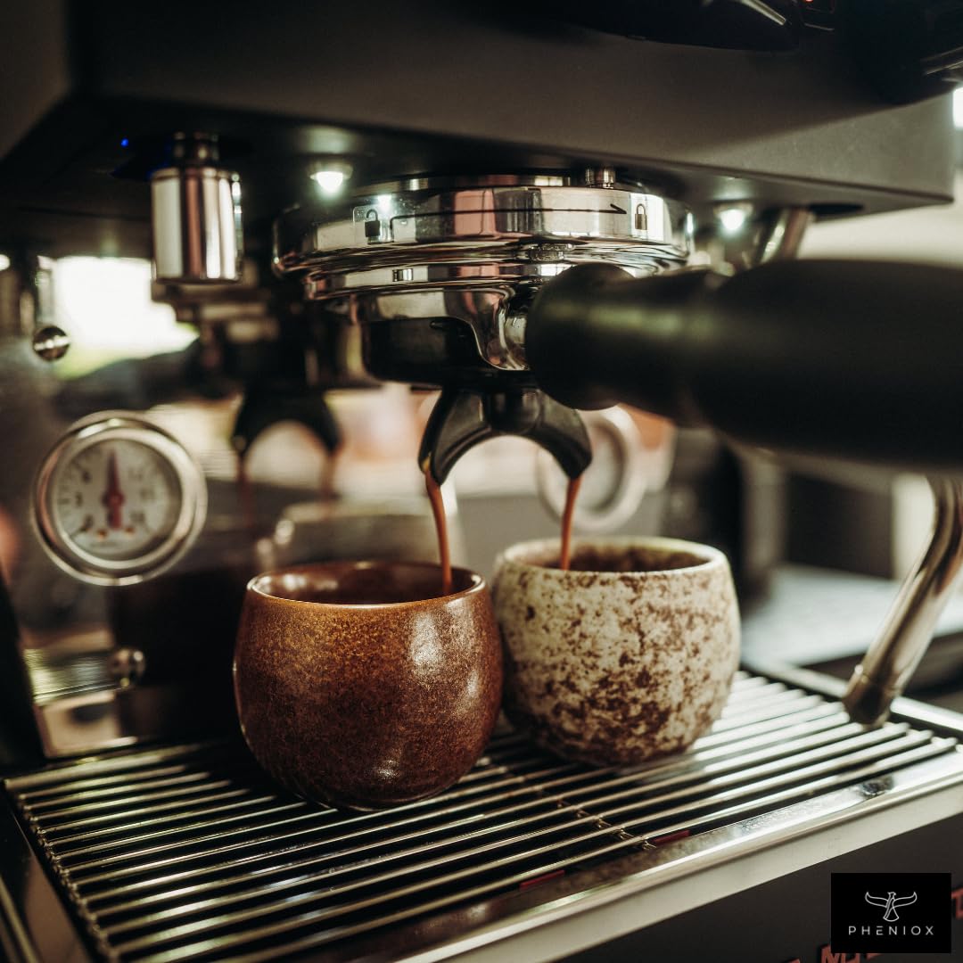 Pheniox Juego de tazas de espresso Timeout, 5 x 90 ml, tazas de gres de alta calidad, juego de tazas de espresso, sin asa, regalo en diseño moderno, apto para lavavajillas, moca, té, sake