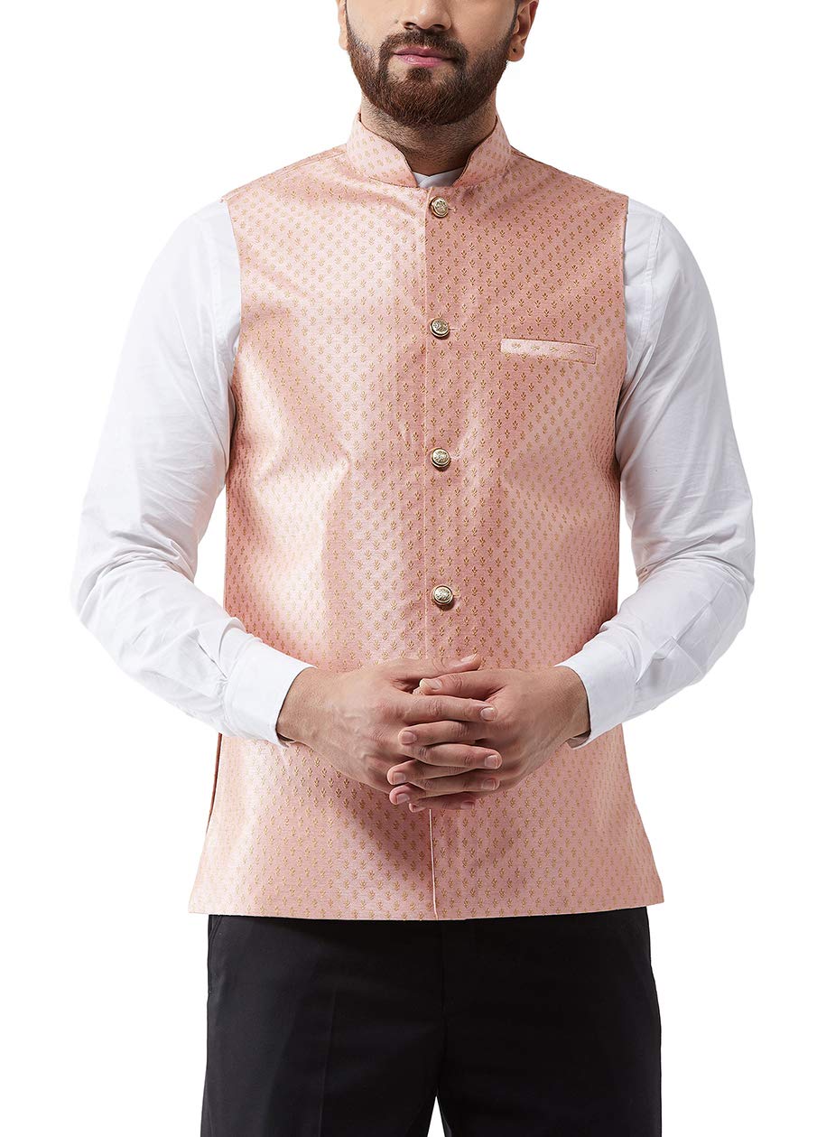 Sojanya (Since 1958, Men's Silk Blend Magenta &amp; Gold Self Design Nehru Jacket