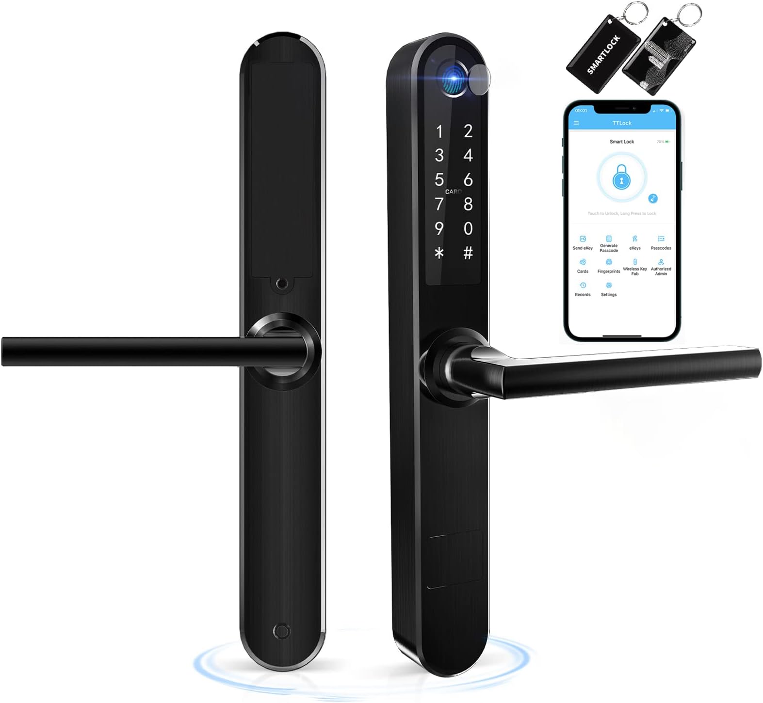 Slim Smart Fingerprint Door Lock with Handles, Keyless Entry Door Lock, Bluetooth Fingerprint Keypad Card Keyless Unlock for Aluminum Swing Wooden Door(Black)