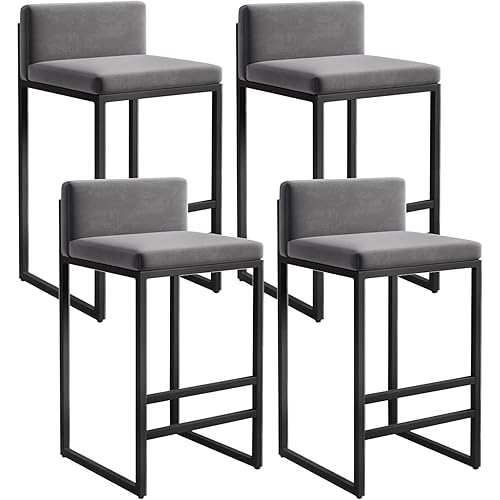 Lsoiup Counter Height Bar Stools Set of 4 Velvet Upholstered Counter Stools Modern Island Chairs with Low Back for Kitchen Island Grey + Black Sitting Height 65cm