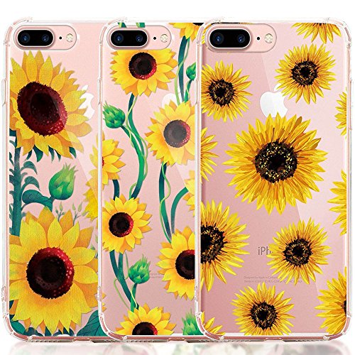 iPhone 8 Plus Case, iPhone 7 Plus Case, [3-Pack] CarterLily Watercolor Flowers Floral Pattern Soft Clear Flexible TPU Back Case for iPhone 7 Plus iPhone 8 5.5'' - Sunflowers